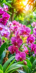 Wall Mural - pink orchids in full bloom amidst lush green foliage and vibrant flowers