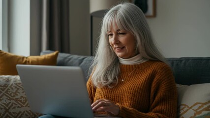 A smiling senior woman with grey hair wearing an orange sweater uses a laptop while sitting on a couch