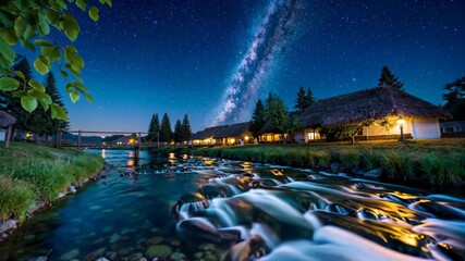 Wall Mural - starry night over a river with a house and a thatched roof