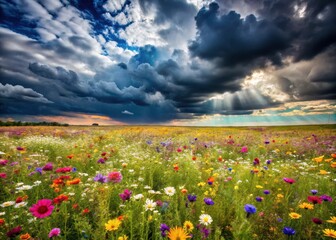 Wall Mural - Field of Wildflowers Under a Cloudy Sky