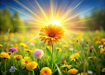 Wall Mural - Warm golden sunburst emerging from a cluster of vibrant flowers in a lush green meadow