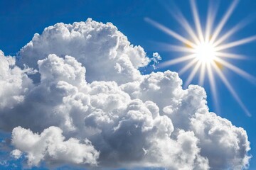 fluffy white clouds fill the sky, a bright sun shines through