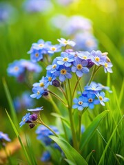 Wall Mural - A delicate cluster of forget me not flowers blooms in the lush green grass