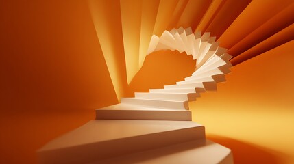 Wall Mural - an abstract white staircase spirals upward against a warm yellow background, creating a modern and g