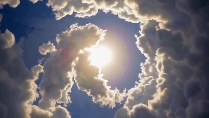 Wall Mural - Seamless looping video of The sun shining brightly through a circular opening in clouds.