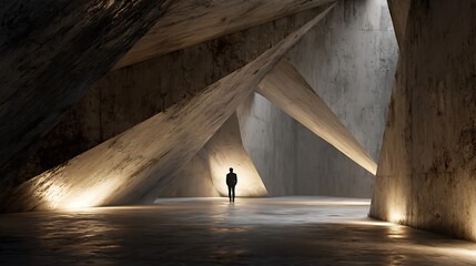 Canvas Print - a lone figure stands in a vast concrete structure, bathed in light, creating a sense of awe and wond