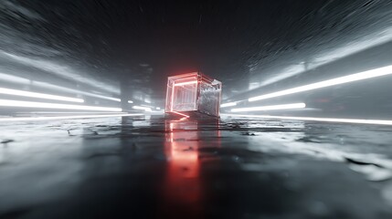 Canvas Print - a captivating cube of ice bathed in neon light, reflecting on a dark, wet surface within a futuristi