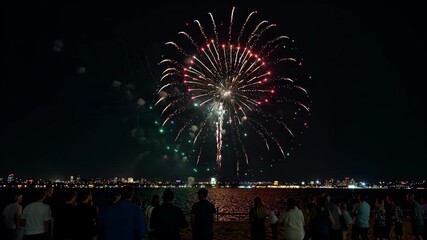 Wall Mural - fireworks in the sky above a crowd of people watching a fireworks display