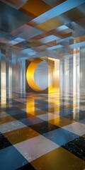 Canvas Print - abstract geometric architecture with gold and reflective surfaces, creating a modern and futuristic 