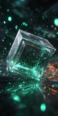 Canvas Print - abstract glowing cube with green light reflections and geometric shapes creating a modern and futuri