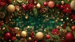 © Deabory - Festive holiday evergreen foliage with ornaments, baubles, and bokeh