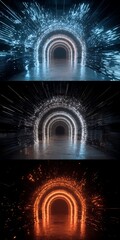 Canvas Print - abstract futuristic tunnel with glowing lights in blue, white and orange, creating a sense of depth 