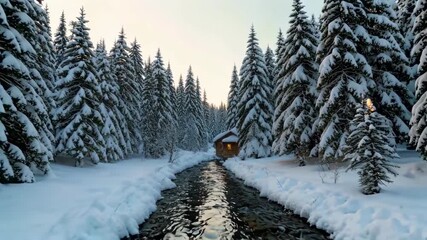 Wall Mural - snowy trees surround a small cabin in a forest