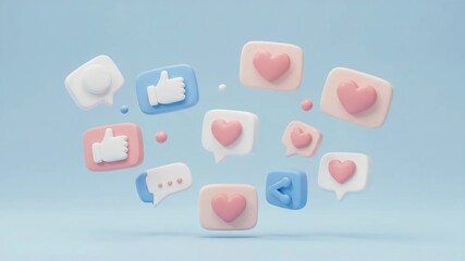 Wall Mural - a collection of 3d social media icons featuring likes comments shares and hearts floating on a light