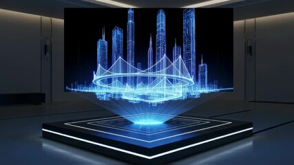 Wall Mural - Blue glowing hologram of futuristic city on pedestal in dark room. Digital urban planning and smart city concept animation.