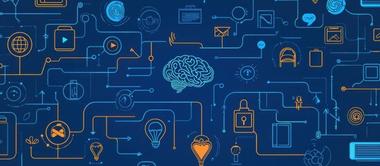 Wall Mural - illustration featuring digital network and brain imagery on blue background