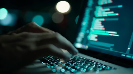 Man typing on a laptop keyboard with glowing keys and analyzing data code on screen at night, programming footage.