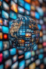 Wall Mural - digital art globe surrounded by multitude of bright multimedia screens