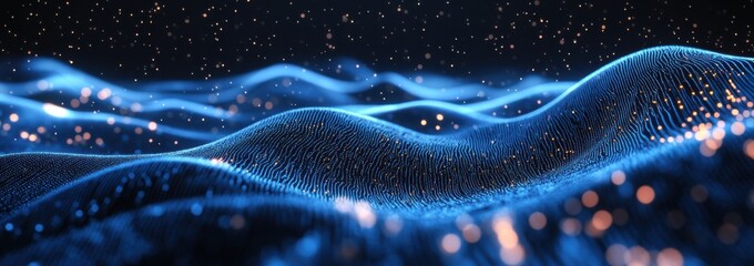 Wall Mural - dynamic blue waves with glowing particles in a futuristic digital background