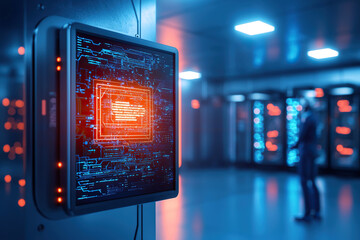 Wall Mural - futuristic technology display with glowing circuits, showcasing advanced data processing modern serv