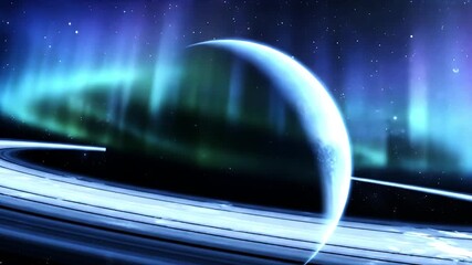 A blue planet with rings is visible against a backdrop of stars and the aurora borealis