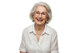 © Vooglo.com - A happy senior woman with white hair and glasses is smiling warmly at the camera in a studio setting isolated on transparent background