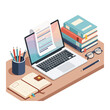 © Rendy - Modern isometric workspace for creative writing, studying, or online education. A laptop with a digital document, books, and a notebook on a desk.