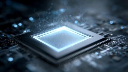 Wall Mural - quantum computing processor emitting glowing particles, symbolizing data processing, innovation, and