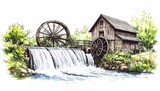 Serene watercolor landscape of a historic mill with water wheels and waterfall