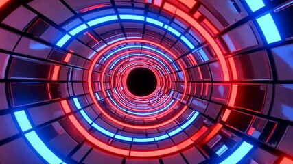 Wall Mural - abstract tunnel of glowing red and blue neon lights spiraling into darkness, creating a futuristic a