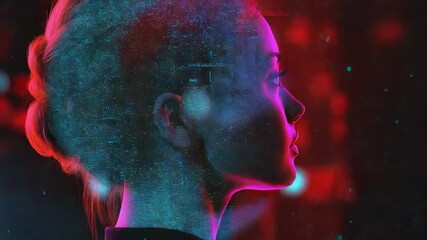 Woman showing programming code inside head in futuristic visualization