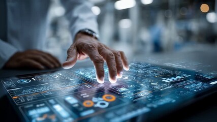 Wall Mural - engineer interacting with a futuristic transparent display, hand hovering over holographic projectio