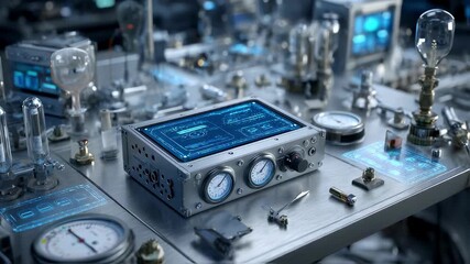 Wall Mural - complex control panel with digital display, gauges, and various components, suggesting advanced tech