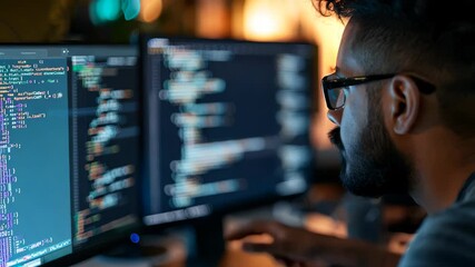 A dedicated programmer works intently on coding in a dimly lit modern workspace, showcasing the contrast between screens and ambient light.