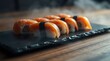 © ngaritdesign - A cinematic close-up showcasing a minimalist arrangement of salmon sushi on a slate plate