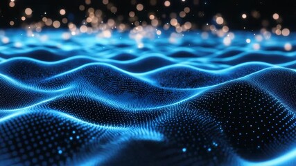Wall Mural - blue digital wave pattern with glowing blue dots and bokeh lights creating futuristic abstract backg