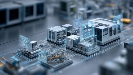 Wall Mural - complex interconnected industrial machines exchanging data and information, visualized on a futurist