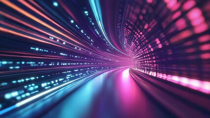Light trails speeding through futuristic tunnel with binary code data