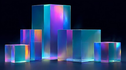 Wall Mural - Iridescent Geometric Cubes Display Against Dark Background