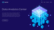 © DIMA RYKOV - Isometric vector, futuristic technology of data protection and processing, networking and web hosting banner, input output data flow through artificial intelligence.