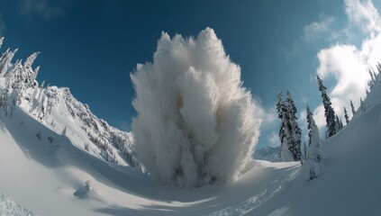 Massive snow cloud erupts from a mountainside, surrounded by snow-covered evergreens under a vibrant blue sky