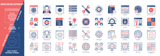 Web Development icon set. Script, Optimization, Testing, Coding, Maintenance, Usability, Website, Wireframe. Duotone color solid and editable outline icons