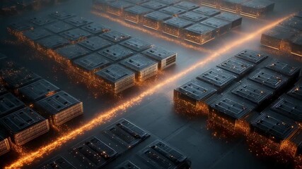 Wall Mural - rows of futuristic buildings exchanging data and energy through glowing sparks, symbolizing innovati