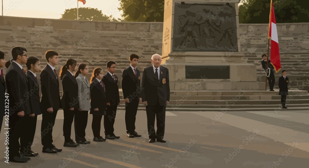solemn remembrance ceremony at the war memorial featuring veterans and ...
