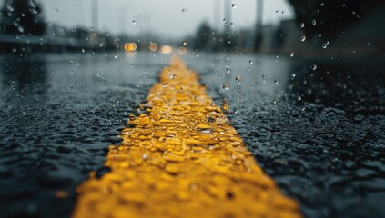 Rain-slicked road with a yellow line.  Close-up view of raindrops on asphalt and a vibrant yellow dividing line.  Urban setting with blurred background of city lights and overcast sky