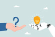 © NASIH - Artificial intelligence AI to help solve problem, chatbot or machine learning to answer hard question, assistance service, technology to help concept, human hand with question mark and AI answer.