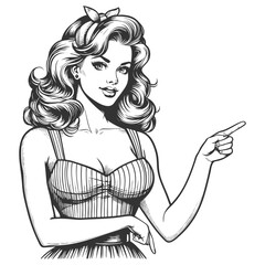 Wall Mural - confident woman with voluminous hair pointing sideways, ideal for directing attention in designs ske