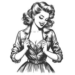 Wall Mural - retro pinup woman smiling while playfully opening her jacket sketch engraving generative ai fictiona