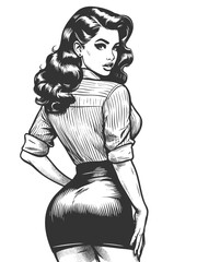 Wall Mural - glamorous woman glancing over her shoulder, wearing a tight skirt and button-up shirt sketch engravi