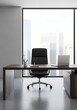 © Suroto - Minimalist office space showcasing a sleek desk setup with city views for corporate use
